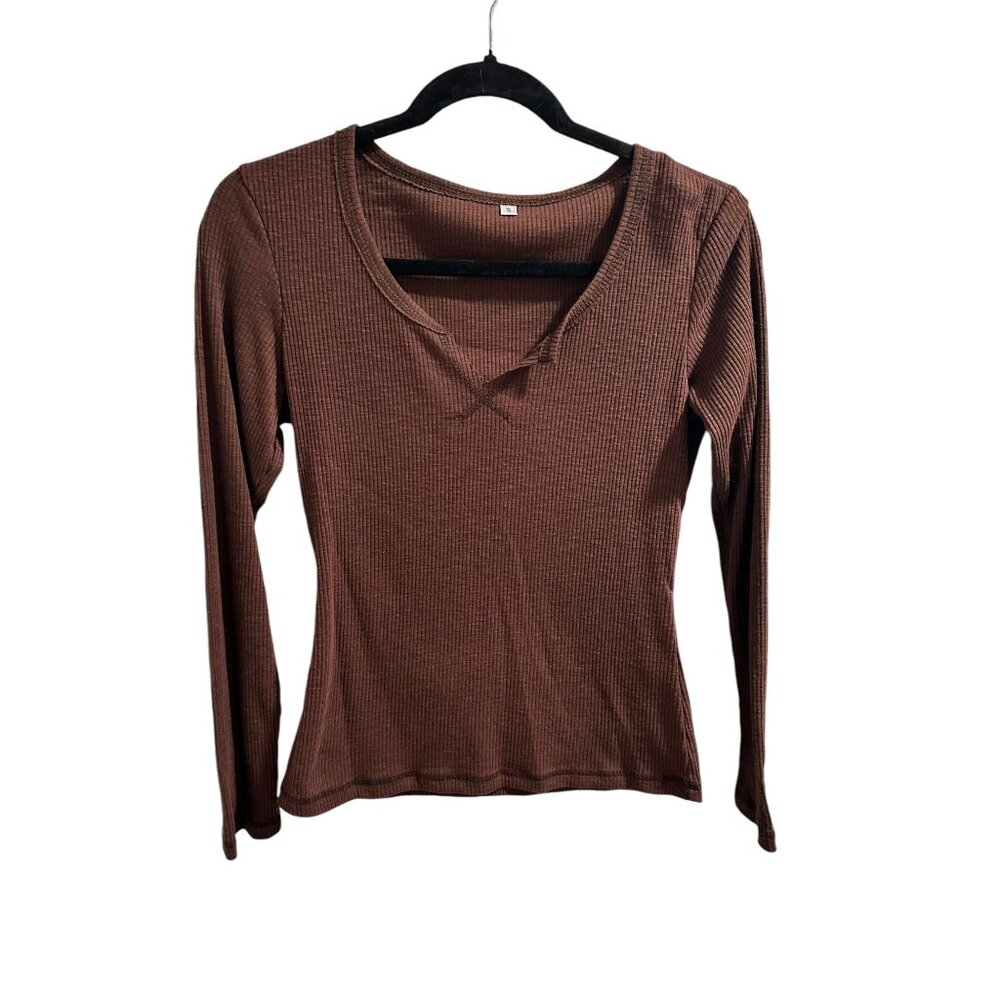 🍒 2/$20 🍒 Brown Long Sleeved Ribbed V-Neck Knit Blouse sz S